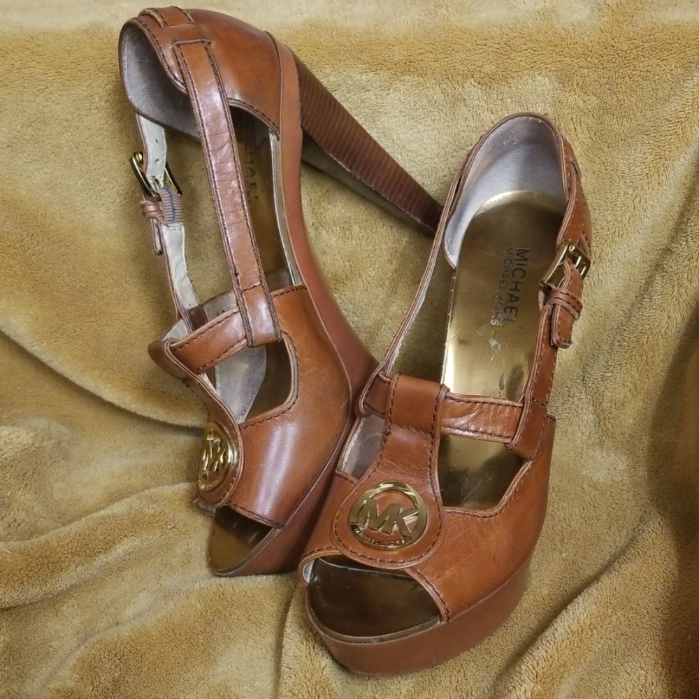 Michael Kors Brown Leather Platform Heels w/Gold